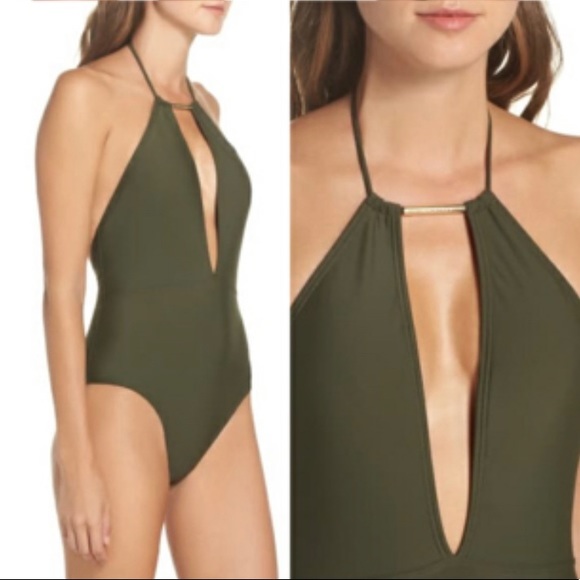 Ted Baker Plunge Halter One Piece Green With Gold - Picture 4 of 10